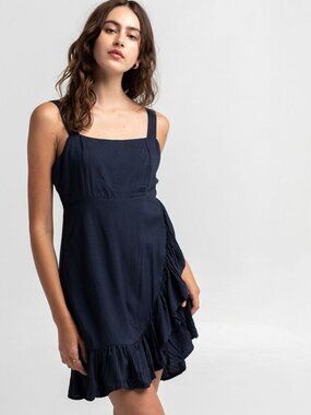 O'NEILL Colinda Stripe Ruffle Wrap Mini Dress Large Navy Sun Summer NEW